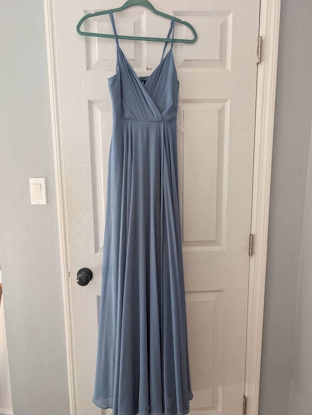 Lulu's Dusty Blue Chiffon Spaghetti Strap Maxi Dress